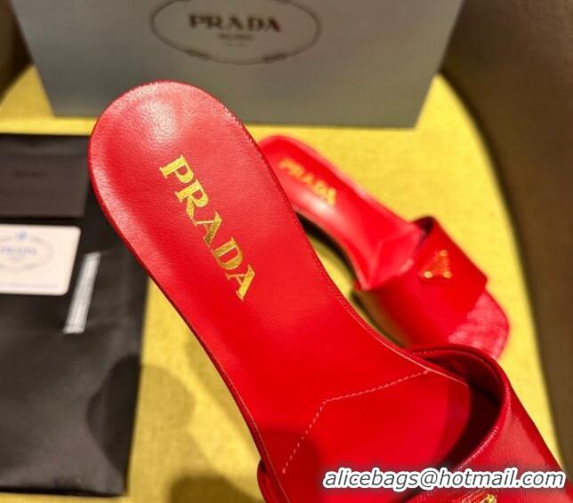 Stylish Prada Patent Saffiano Leather Heel Slides Sandal 4cm Red 720003