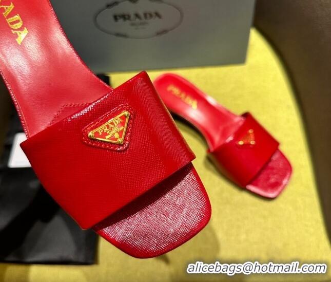 Stylish Prada Patent Saffiano Leather Heel Slides Sandal 4cm Red 720003