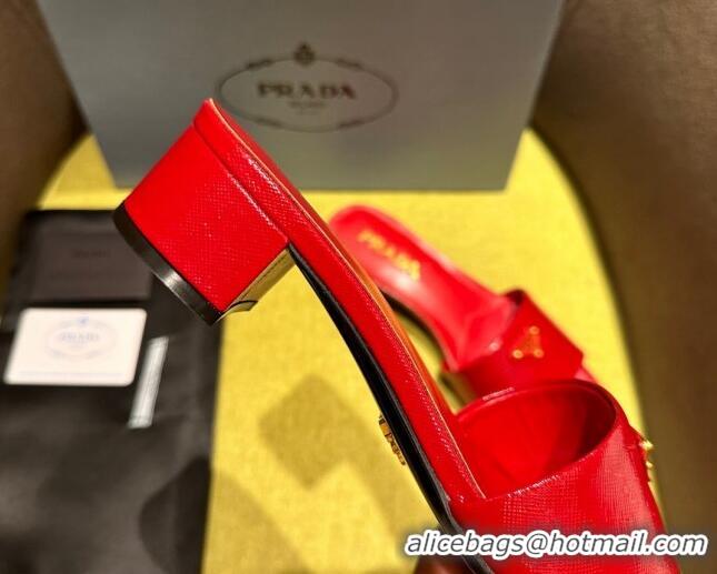 Stylish Prada Patent Saffiano Leather Heel Slides Sandal 4cm Red 720003