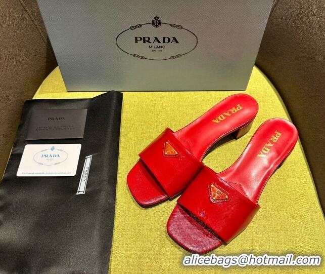 Stylish Prada Patent Saffiano Leather Heel Slides Sandal 4cm Red 720003