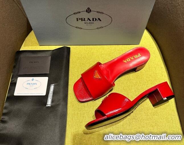 Stylish Prada Patent Saffiano Leather Heel Slides Sandal 4cm Red 720003