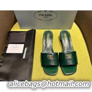 Best Price Prada Patent Saffiano Leather Heel Slides Sandal 4cm Green 720004