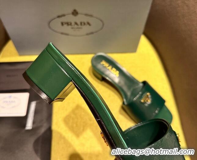 Best Price Prada Patent Saffiano Leather Heel Slides Sandal 4cm Green 720004