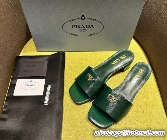 Best Price Prada Patent Saffiano Leather Heel Slides Sandal 4cm Green 720004