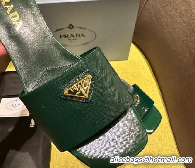 Best Price Prada Patent Saffiano Leather Heel Slides Sandal 4cm Green 720004