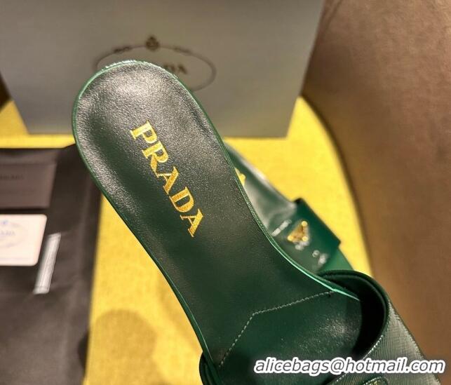 Best Price Prada Patent Saffiano Leather Heel Slides Sandal 4cm Green 720004