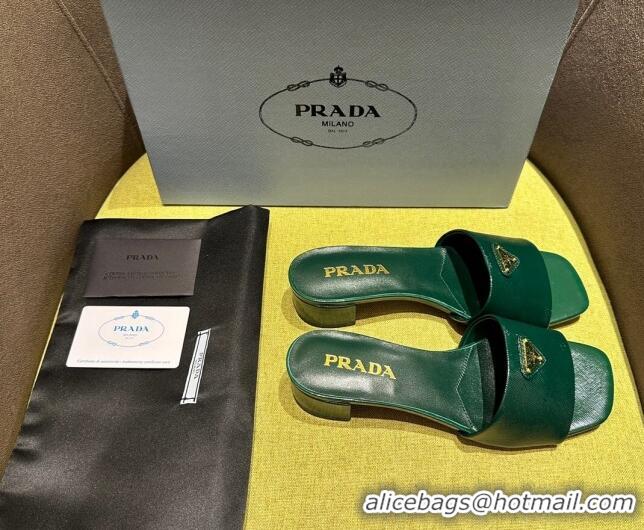 Best Price Prada Patent Saffiano Leather Heel Slides Sandal 4cm Green 720004