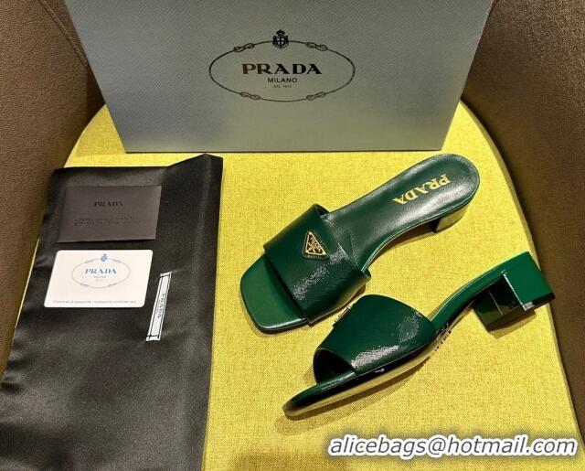 Best Price Prada Patent Saffiano Leather Heel Slides Sandal 4cm Green 720004