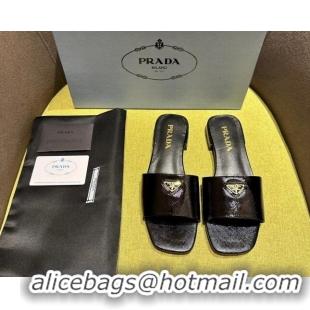 Pretty Style Prada Patent Saffiano Leather Flat Slides Sandal Black 720005