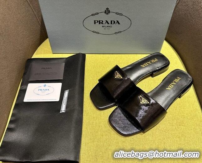 Pretty Style Prada Patent Saffiano Leather Flat Slides Sandal Black 720005