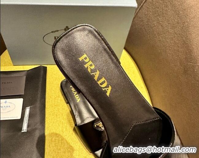 Pretty Style Prada Patent Saffiano Leather Flat Slides Sandal Black 720005