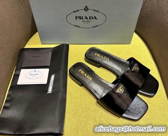 Pretty Style Prada Patent Saffiano Leather Flat Slides Sandal Black 720005