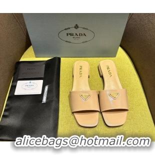 Top Grade Prada Patent Saffiano Leather Flat Slides Sandal Beige 720006