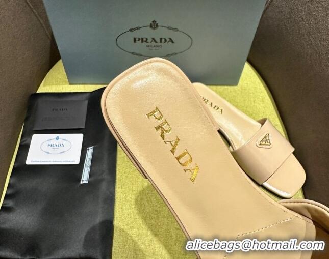 Top Grade Prada Patent Saffiano Leather Flat Slides Sandal Beige 720006