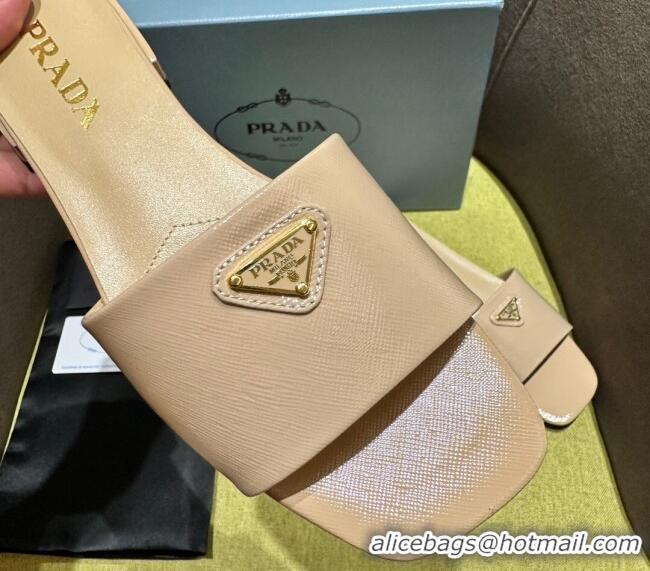 Top Grade Prada Patent Saffiano Leather Flat Slides Sandal Beige 720006