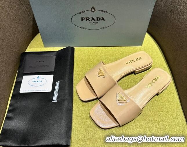 Top Grade Prada Patent Saffiano Leather Flat Slides Sandal Beige 720006