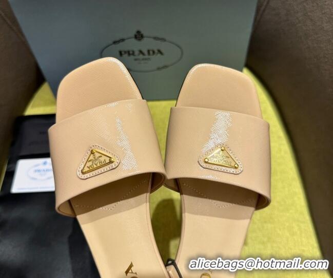 Top Grade Prada Patent Saffiano Leather Flat Slides Sandal Beige 720006