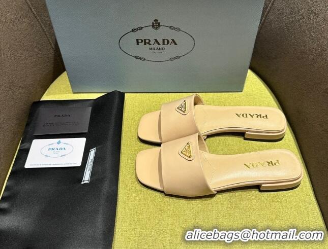 Top Grade Prada Patent Saffiano Leather Flat Slides Sandal Beige 720006