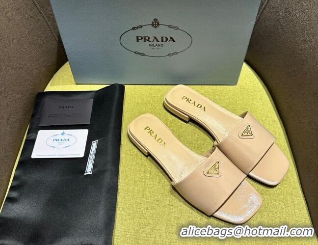 Top Grade Prada Patent Saffiano Leather Flat Slides Sandal Beige 720006