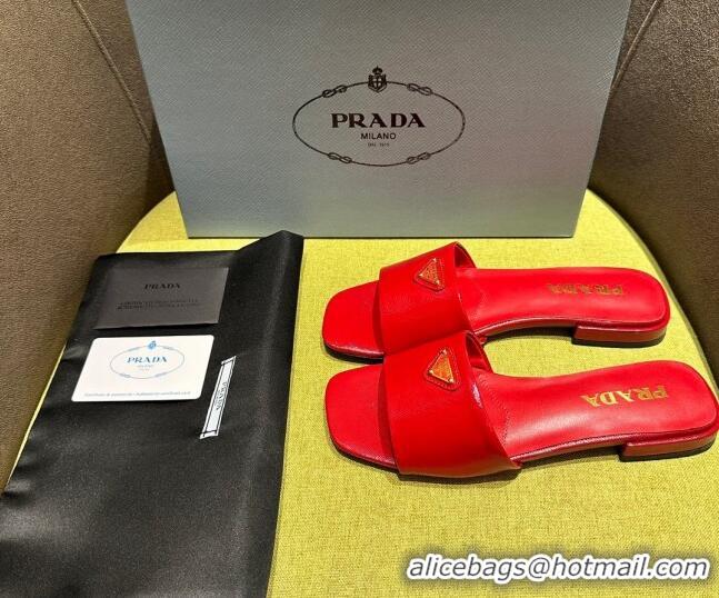 Purchase Prada Patent Saffiano Leather Flat Slides Sandal Red 720007