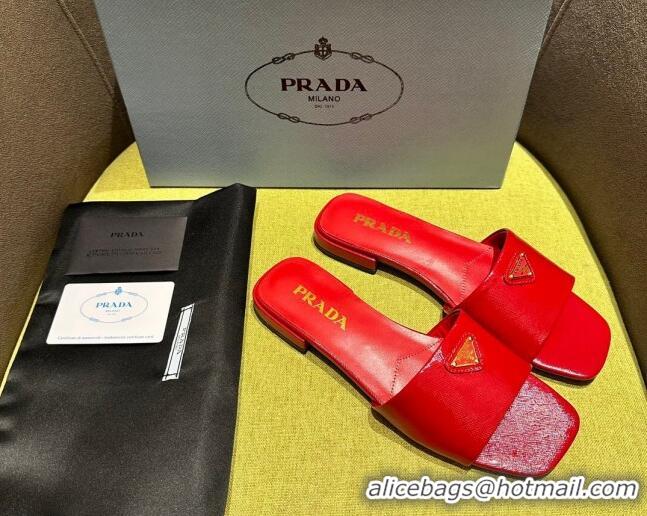 Purchase Prada Patent Saffiano Leather Flat Slides Sandal Red 720007