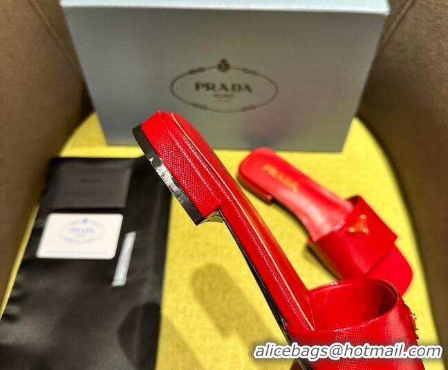 Purchase Prada Patent Saffiano Leather Flat Slides Sandal Red 720007