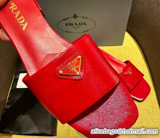 Purchase Prada Patent Saffiano Leather Flat Slides Sandal Red 720007