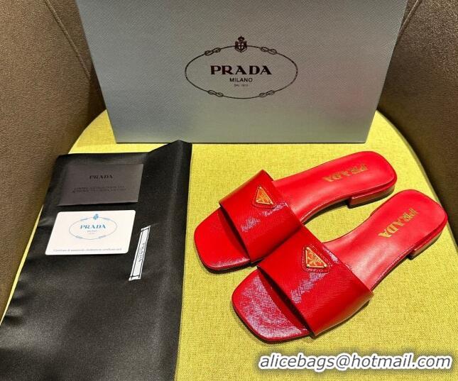 Purchase Prada Patent Saffiano Leather Flat Slides Sandal Red 720007