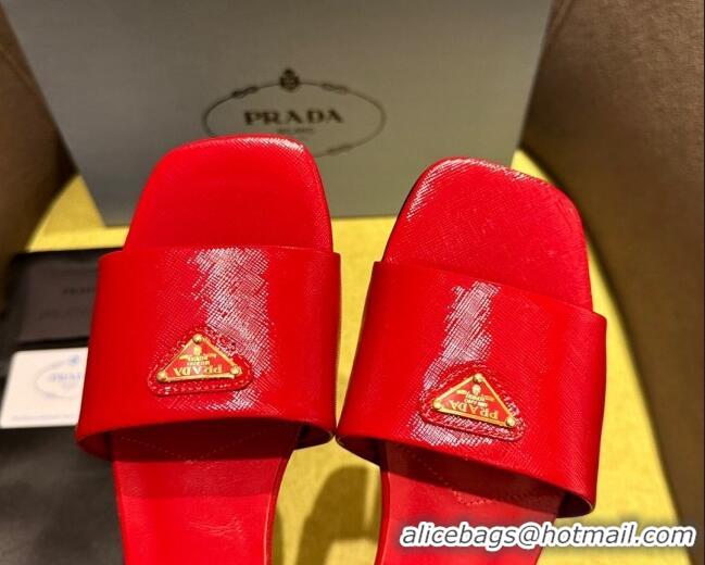 Purchase Prada Patent Saffiano Leather Flat Slides Sandal Red 720007