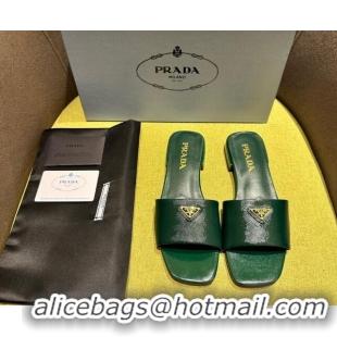 Good Quality Prada Patent Saffiano Leather Flat Slides Sandal Green 720008