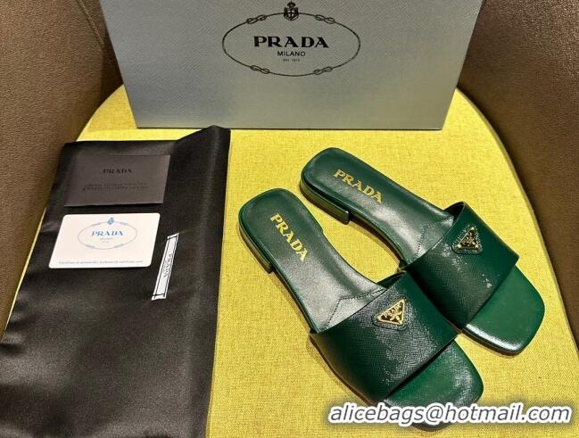 Good Quality Prada Patent Saffiano Leather Flat Slides Sandal Green 720008