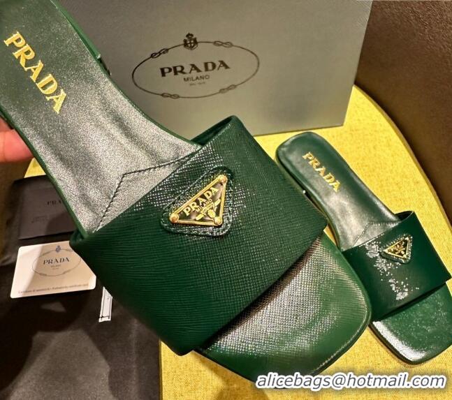 Good Quality Prada Patent Saffiano Leather Flat Slides Sandal Green 720008