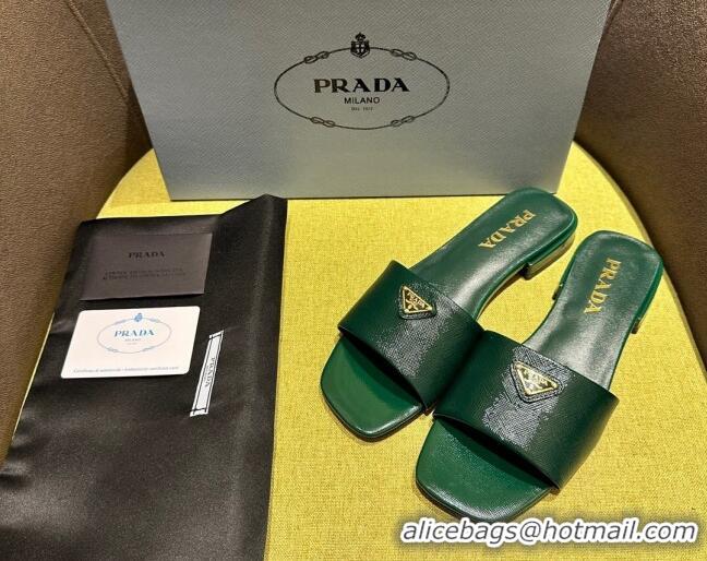 Good Quality Prada Patent Saffiano Leather Flat Slides Sandal Green 720008