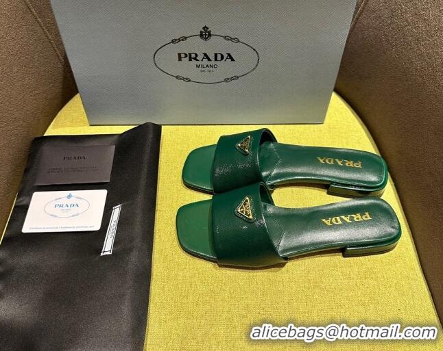 Good Quality Prada Patent Saffiano Leather Flat Slides Sandal Green 720008