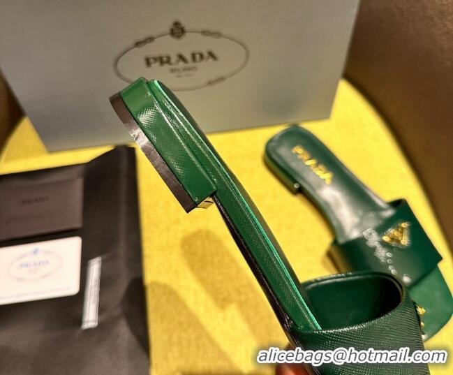 Good Quality Prada Patent Saffiano Leather Flat Slides Sandal Green 720008