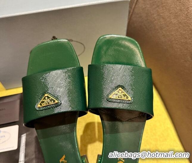 Good Quality Prada Patent Saffiano Leather Flat Slides Sandal Green 720008