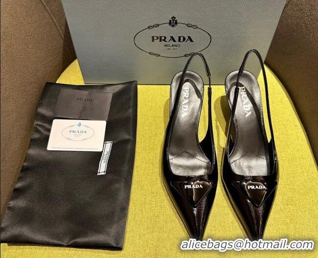 Unique Style Prada Patent Saffiano Leather Slingback Pumps Black 720009