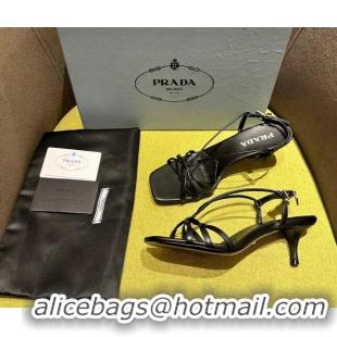 Good Quality Prada Heeled leather sandals 5.5cm with Logo Pendant Black 720013