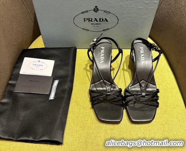 Good Quality Prada Heeled leather sandals 5.5cm with Logo Pendant Black 720013