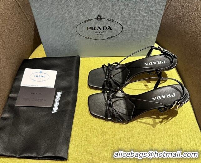 Good Quality Prada Heeled leather sandals 5.5cm with Logo Pendant Black 720013