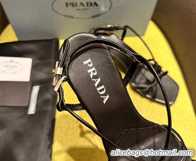 Good Quality Prada Heeled leather sandals 5.5cm with Logo Pendant Black 720013