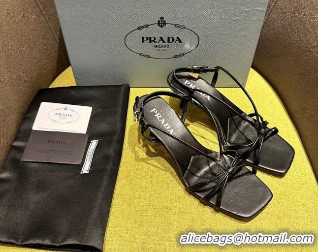 Good Quality Prada Heeled leather sandals 5.5cm with Logo Pendant Black 720013