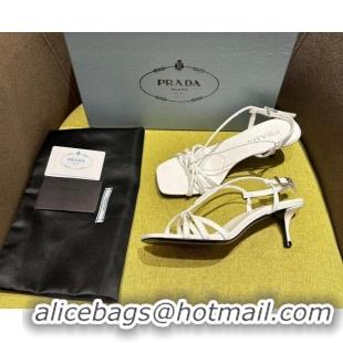 Grade Quality Prada Heeled leather sandals 5.5cm with Logo Pendant White 720014