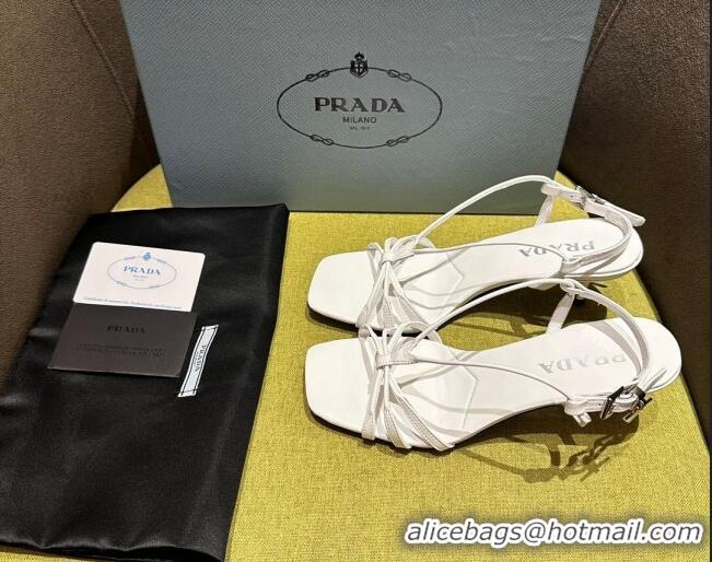 Grade Quality Prada Heeled leather sandals 5.5cm with Logo Pendant White 720014