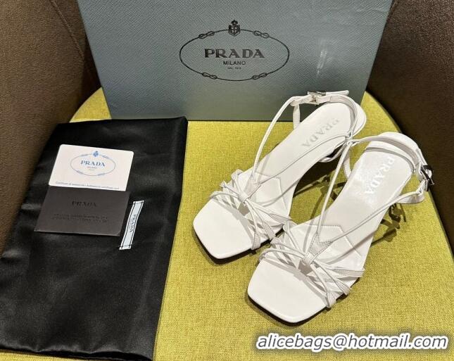 Grade Quality Prada Heeled leather sandals 5.5cm with Logo Pendant White 720014