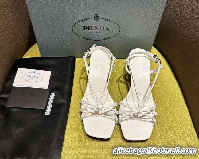 Grade Quality Prada Heeled leather sandals 5.5cm with Logo Pendant White 720014