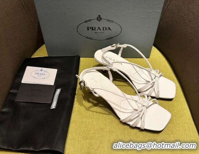 Grade Quality Prada Heeled leather sandals 5.5cm with Logo Pendant White 720014