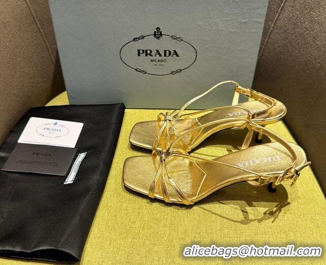 Best Grade Prada Heeled leather sandals 5.5cm with Logo Pendant Gold 720015