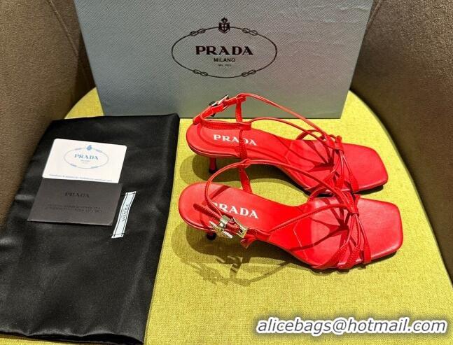 Best Product Prada Heeled leather sandals 5.5cm with Logo Pendant Red 720016