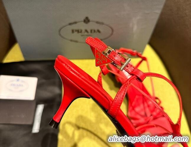 Best Product Prada Heeled leather sandals 5.5cm with Logo Pendant Red 720016